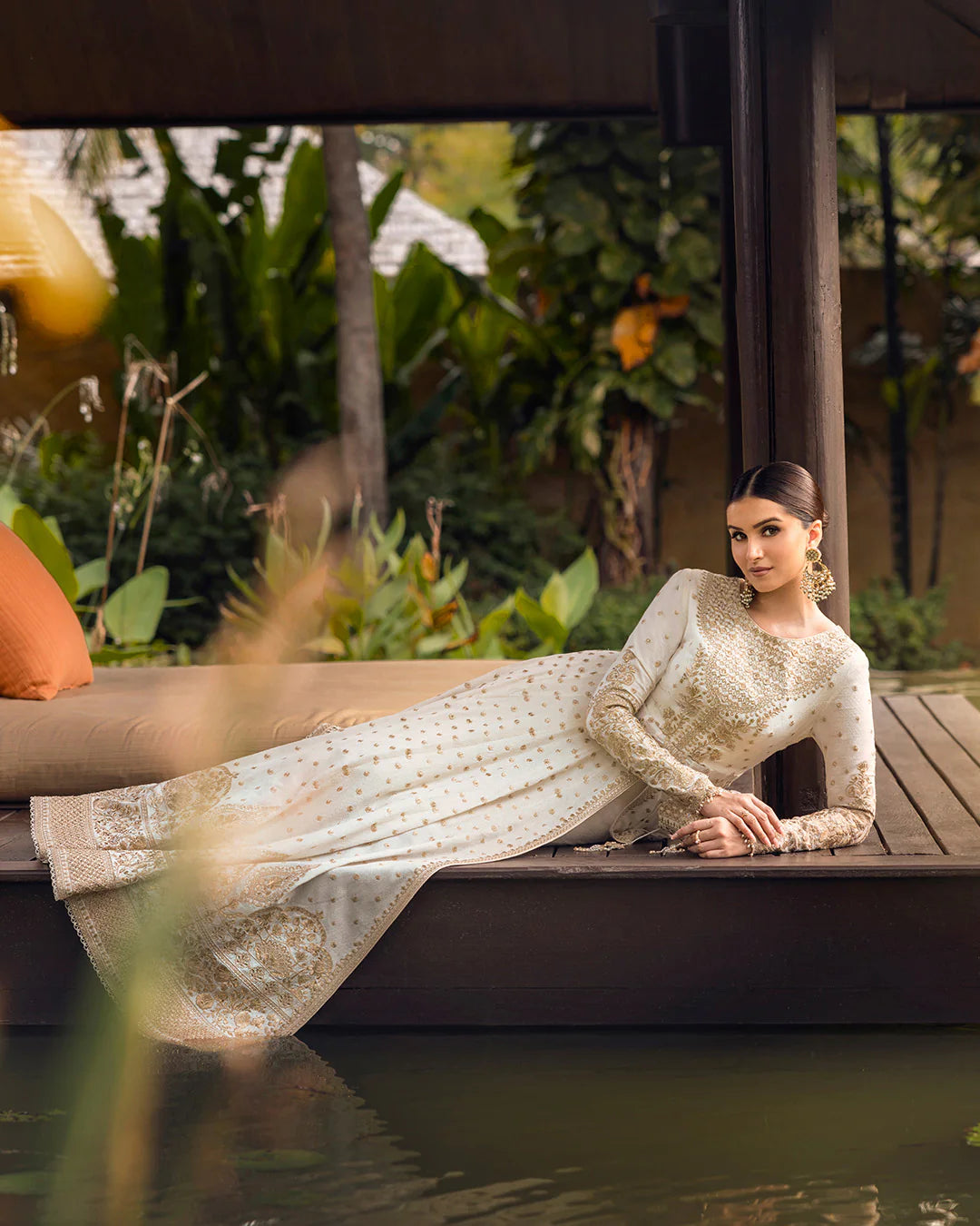 Model wearing ivory gold Lily dress from Faiza Saqlain Zinnia collection, Pakistani Luxury pret, Faiza Saqlain Pakistani clothes online in UK.