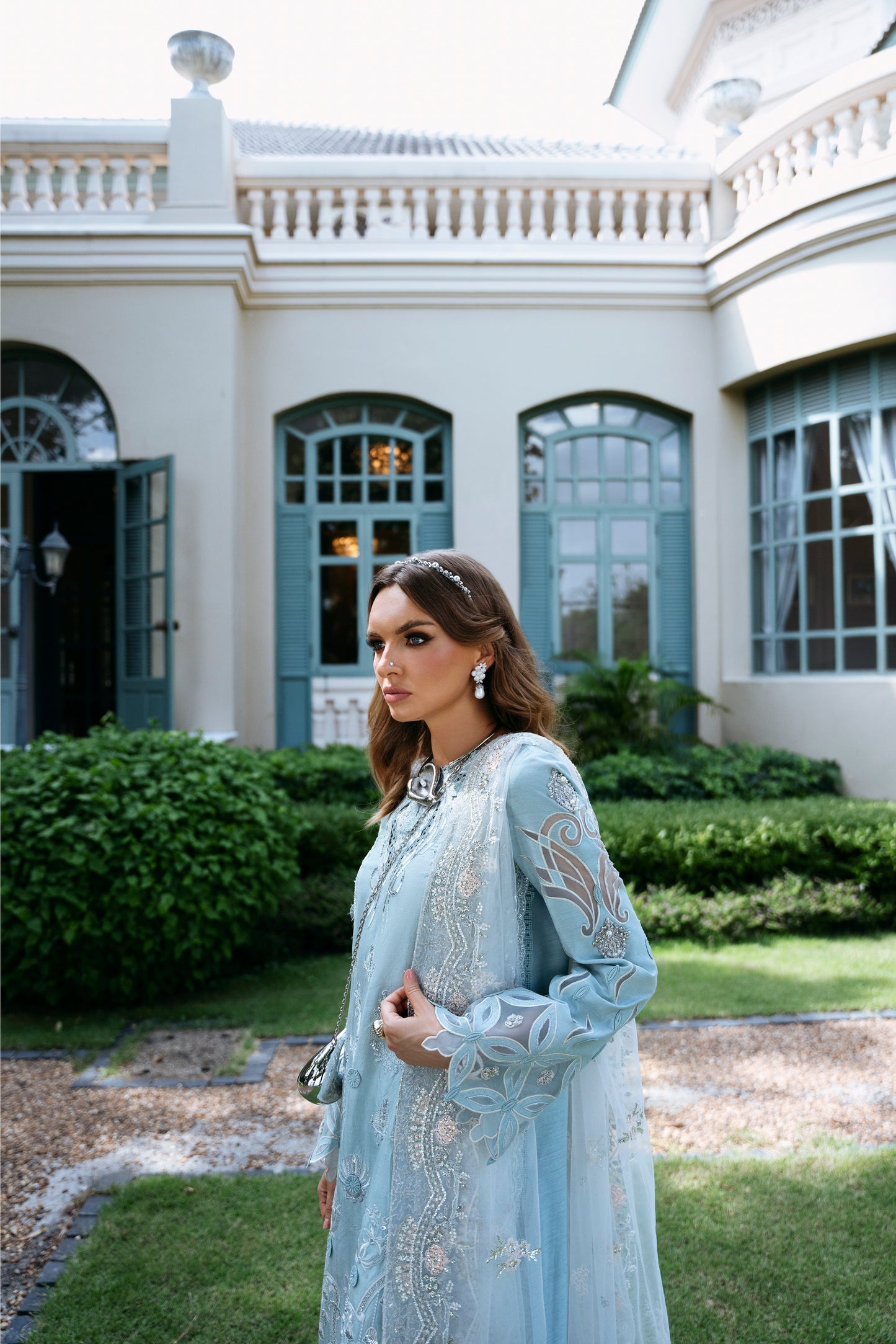 Model wearing sky blue Voila outfit from Mysie by Tahira, ideal for Pakistani luxury pret and Pakistani clothes online in UK.