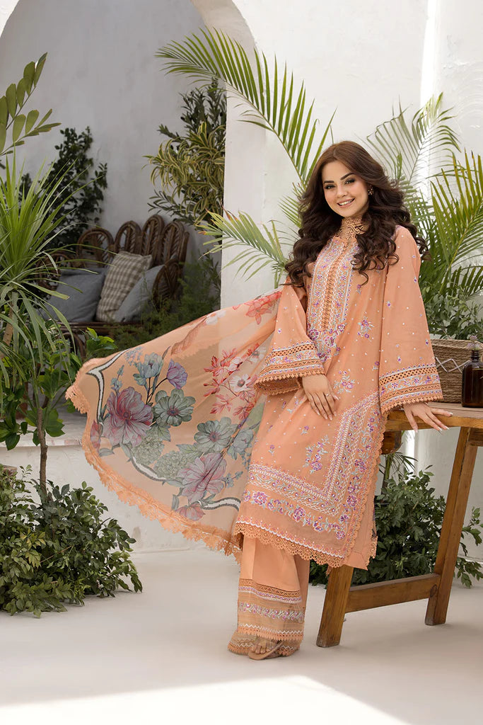 Model wearing Sobia Nazir Vital 2025 Design 7A in peach with floral embroidery and printed dupatta. Shop Pakistani luxury pret and Pakistani clothes online in UK.