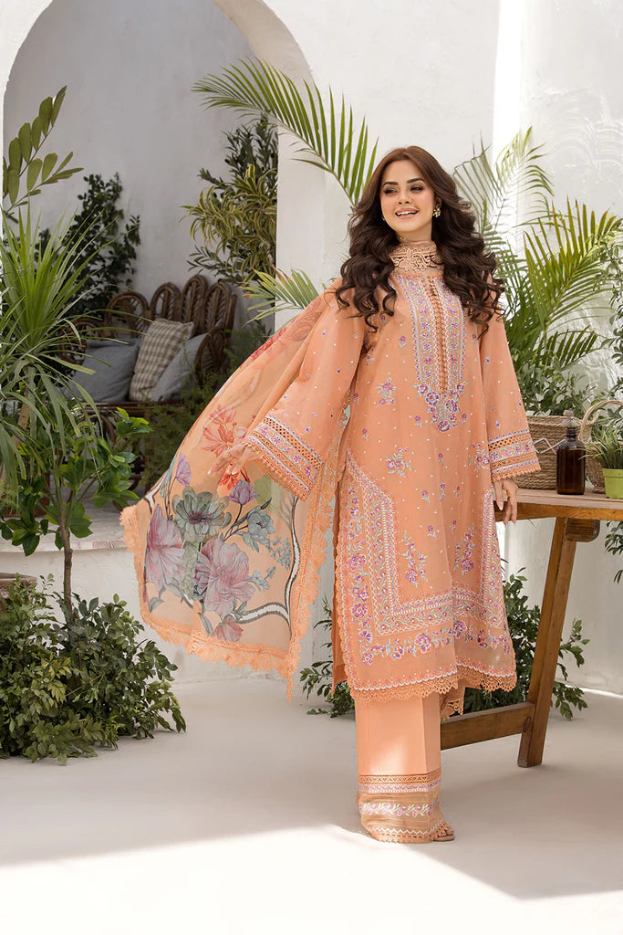 Model wearing Sobia Nazir Vital 2025 Design 7A in peach with floral embroidery and printed dupatta. Shop Pakistani luxury pret and Pakistani clothes online in UK.