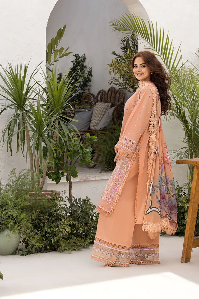 Model wearing Sobia Nazir Vital 2025 Design 7A in peach with floral embroidery and printed dupatta. Shop Pakistani luxury pret and Pakistani clothes online in UK.