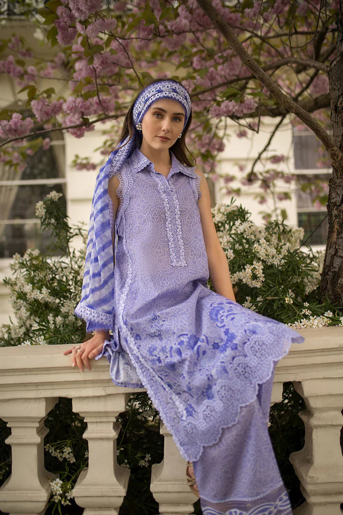 Model wearing lavender blue sleeveless Design 7A from Sobia Nazir SN Basics '25, Pakistani Luxury pret, Pakistani clothes online in UK.