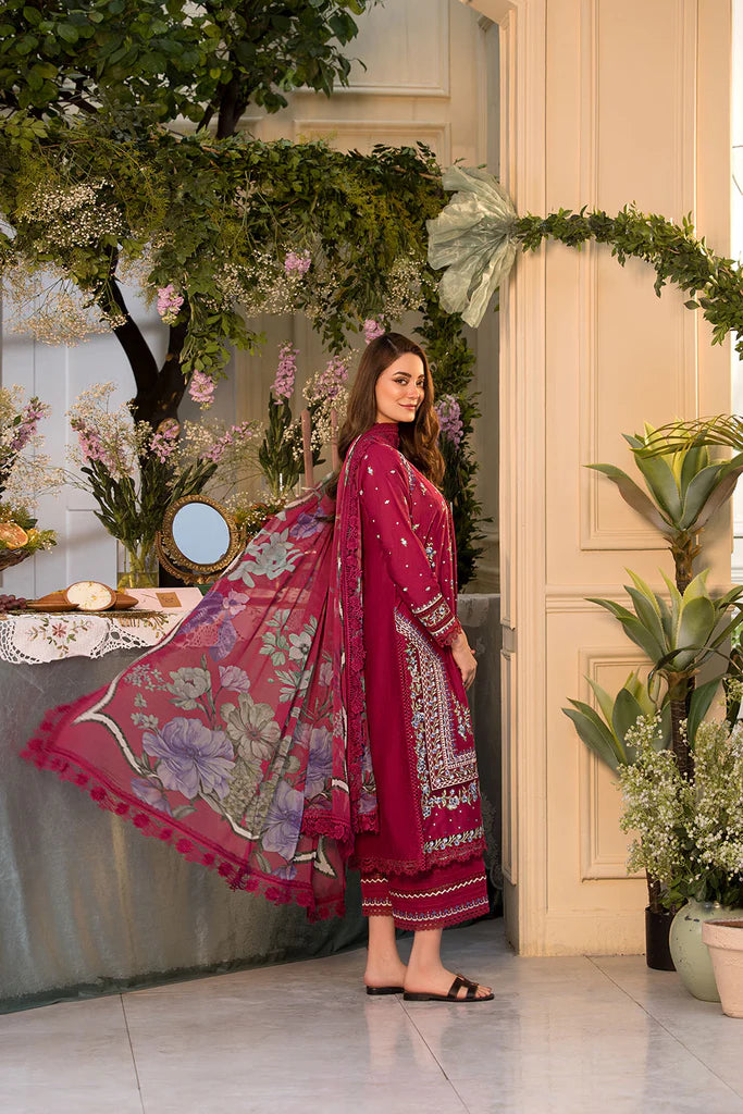 Model wearing maroon embroidered dress from Sobia Nazir Vital 2025 Design 7B. Pakistani luxury pret and Pakistani clothes online in UK.
