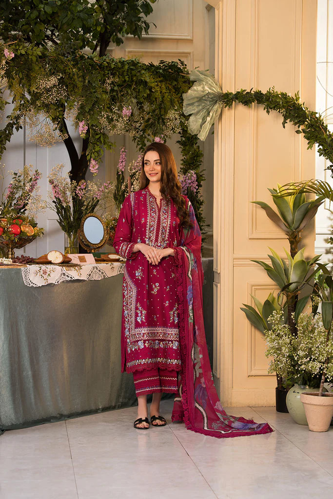 Model wearing maroon embroidered dress from Sobia Nazir Vital 2025 Design 7B. Pakistani luxury pret and Pakistani clothes online in UK.