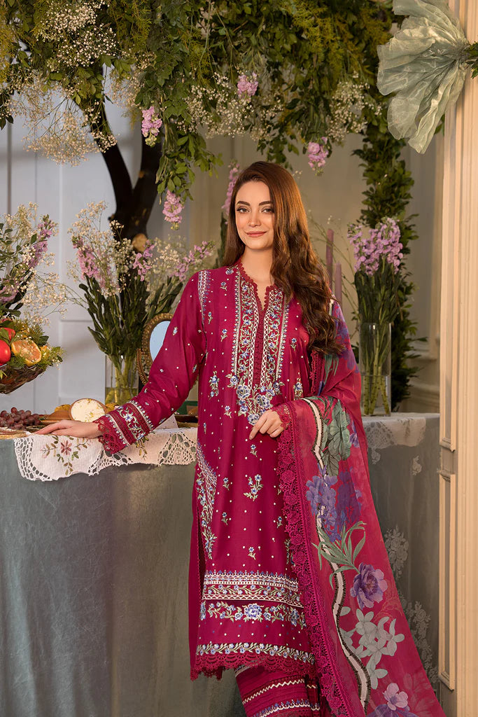 Model wearing maroon embroidered dress from Sobia Nazir Vital 2025 Design 7B. Pakistani luxury pret and Pakistani clothes online in UK.