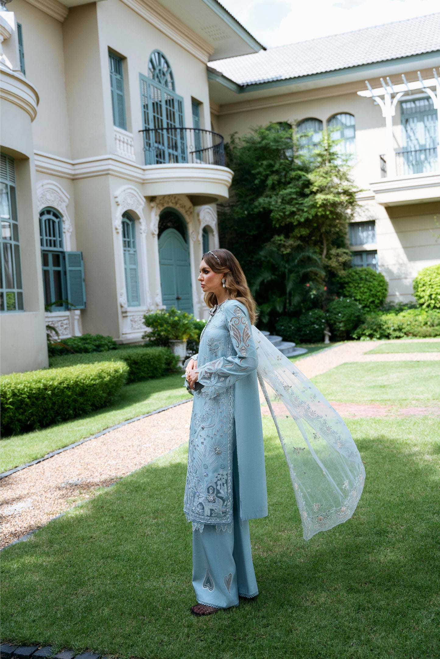 Model wearing sky blue Voila outfit from Mysie by Tahira, ideal for Pakistani luxury pret and Pakistani clothes online in UK.