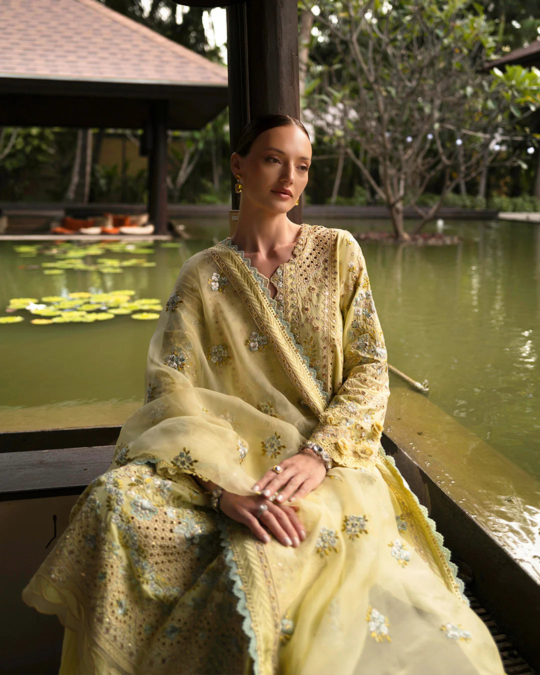 Model wearing pastel yellow Azalea dress from Faiza Saqlain Zinnia collection, Pakistani Luxury pret, Faiza Saqlain Pakistani clothes online in UK.