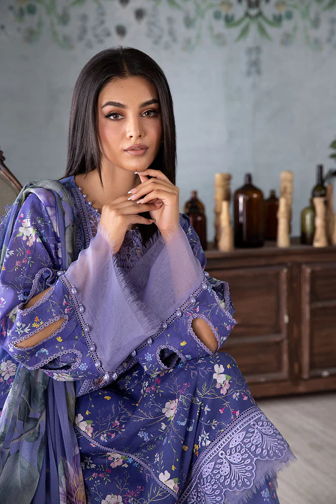 Model wearing lavender blue Design 8A outfit from Sobia Nazir Vital '25 Vol. 2, Pakistani luxury pret and Pakistani clothes online in UK.