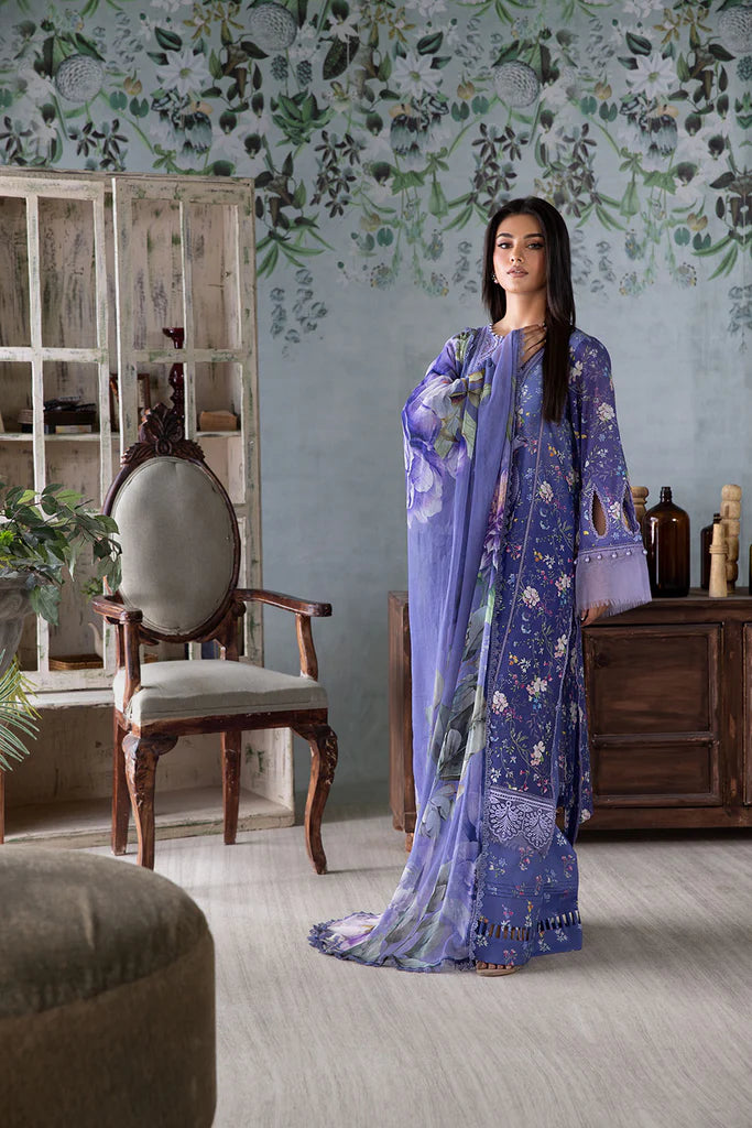 Model wearing lavender blue Design 8A outfit from Sobia Nazir Vital '25 Vol. 2, Pakistani luxury pret and Pakistani clothes online in UK.