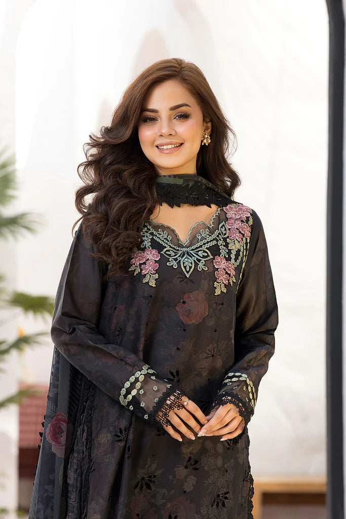 Model wearing Sobia Nazir Vital 2025 Design 8A in black with floral embroidery. Shop Pakistani luxury pret by Sobia Nazir online in UK.