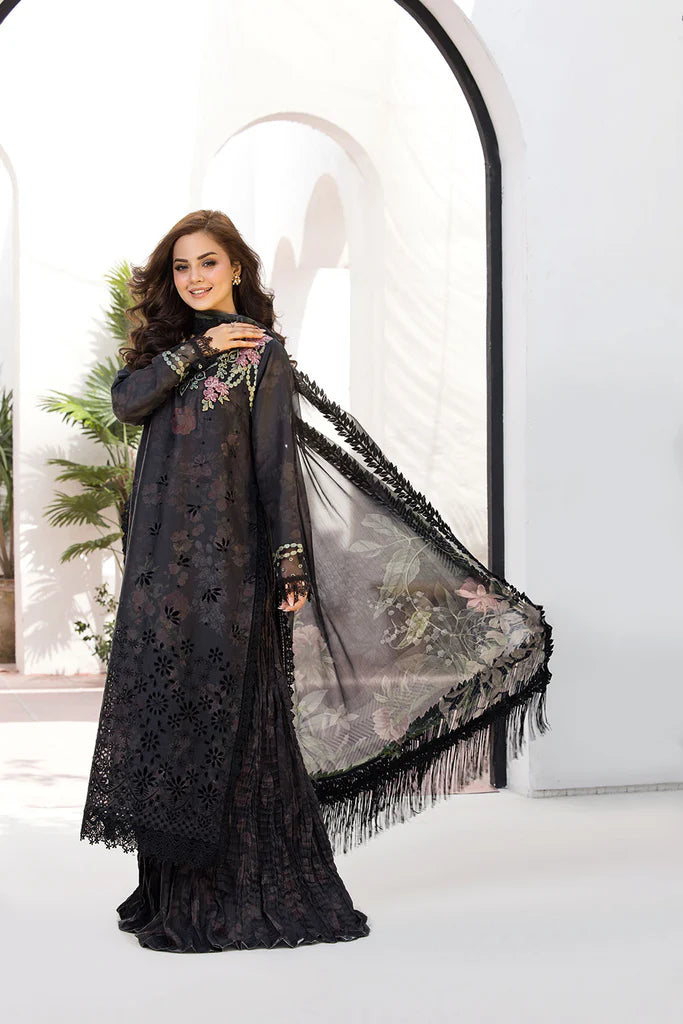 Model wearing Sobia Nazir Vital 2025 Design 8A in black with floral embroidery. Shop Pakistani luxury pret by Sobia Nazir online in UK.