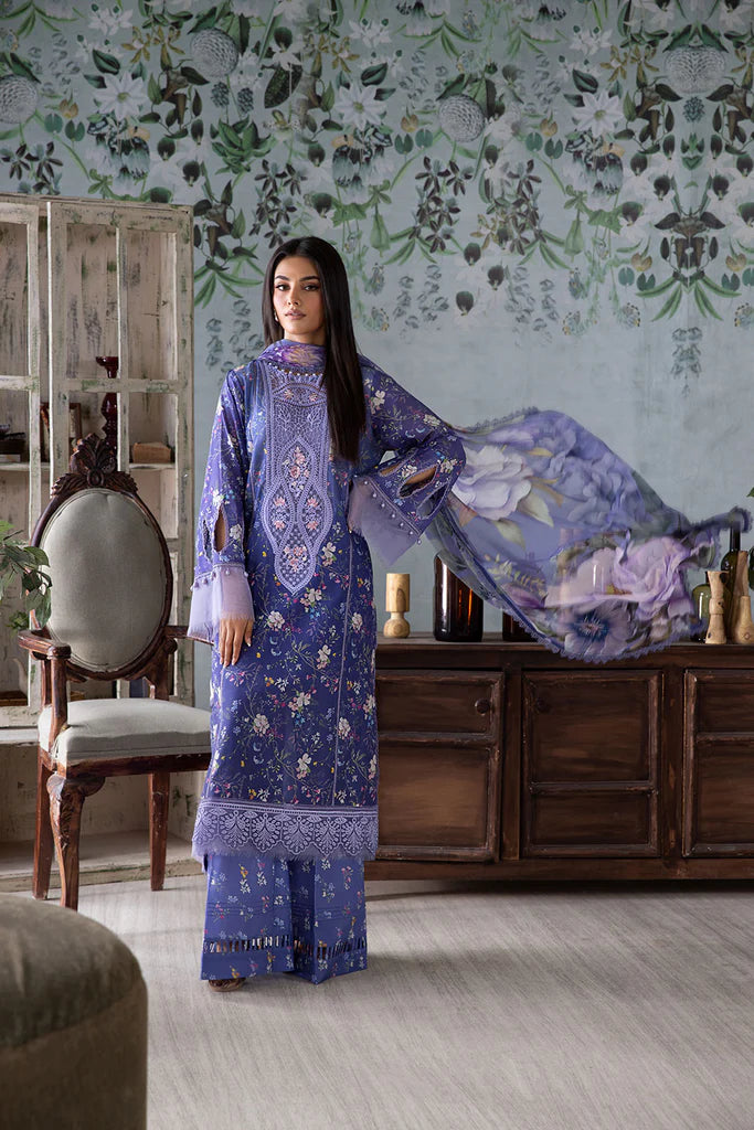 Model wearing lavender blue Design 8A outfit from Sobia Nazir Vital '25 Vol. 2, Pakistani luxury pret and Pakistani clothes online in UK.