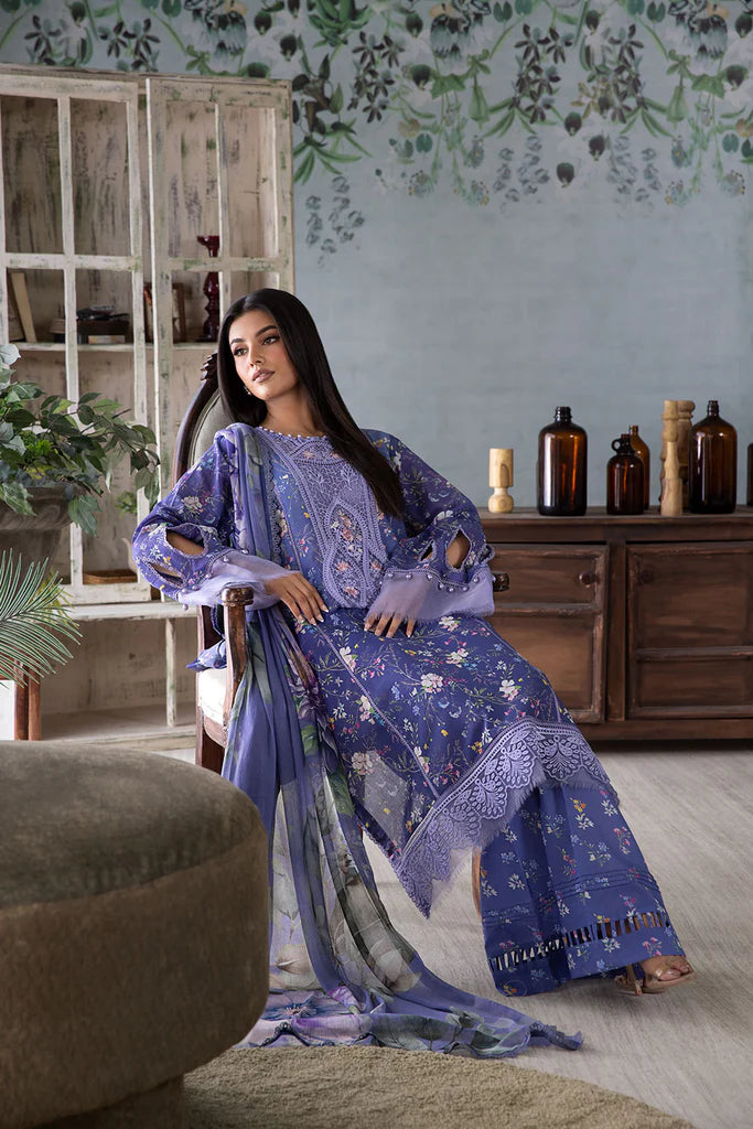 Model wearing lavender blue Design 8A outfit from Sobia Nazir Vital '25 Vol. 2, Pakistani luxury pret and Pakistani clothes online in UK.