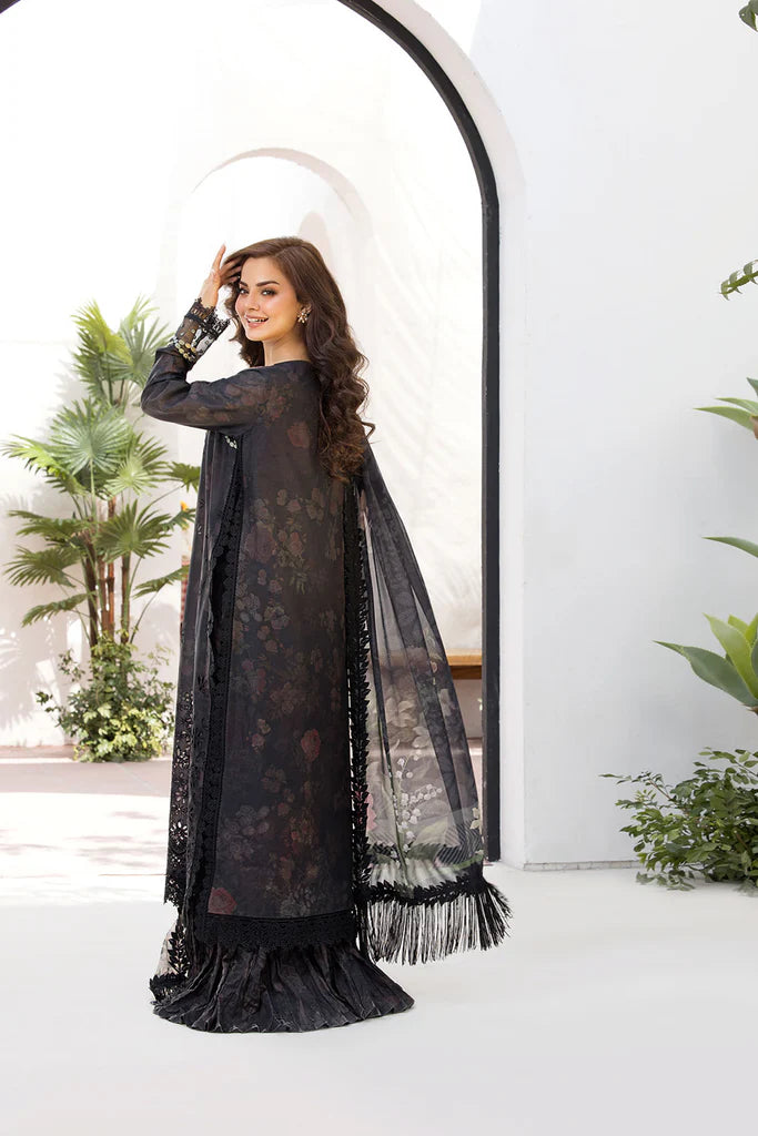 Model wearing Sobia Nazir Vital 2025 Design 8A in black with floral embroidery. Shop Pakistani luxury pret by Sobia Nazir online in UK.