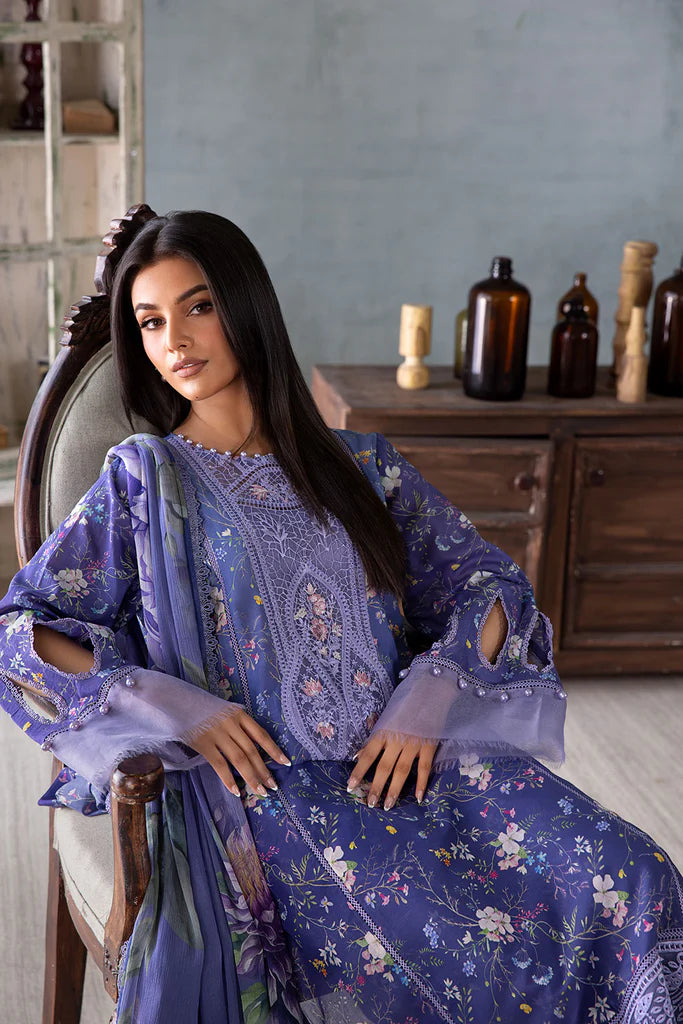 Model wearing lavender blue Design 8A outfit from Sobia Nazir Vital '25 Vol. 2, Pakistani luxury pret and Pakistani clothes online in UK.