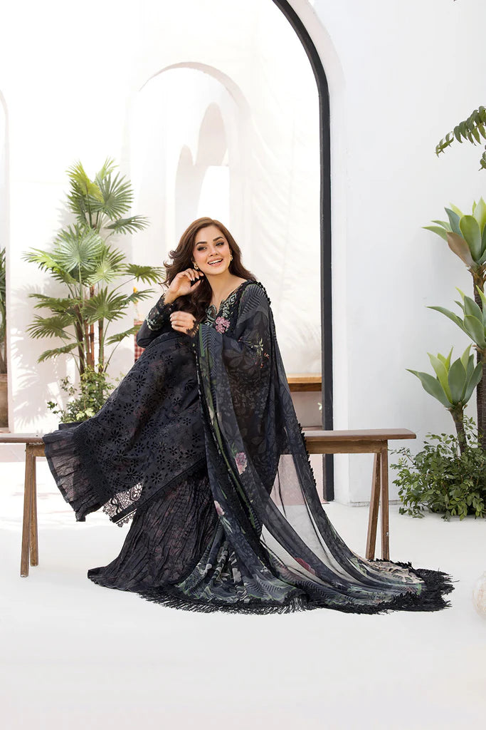 Model wearing Sobia Nazir Vital 2025 Design 8A in black with floral embroidery. Shop Pakistani luxury pret by Sobia Nazir online in UK.