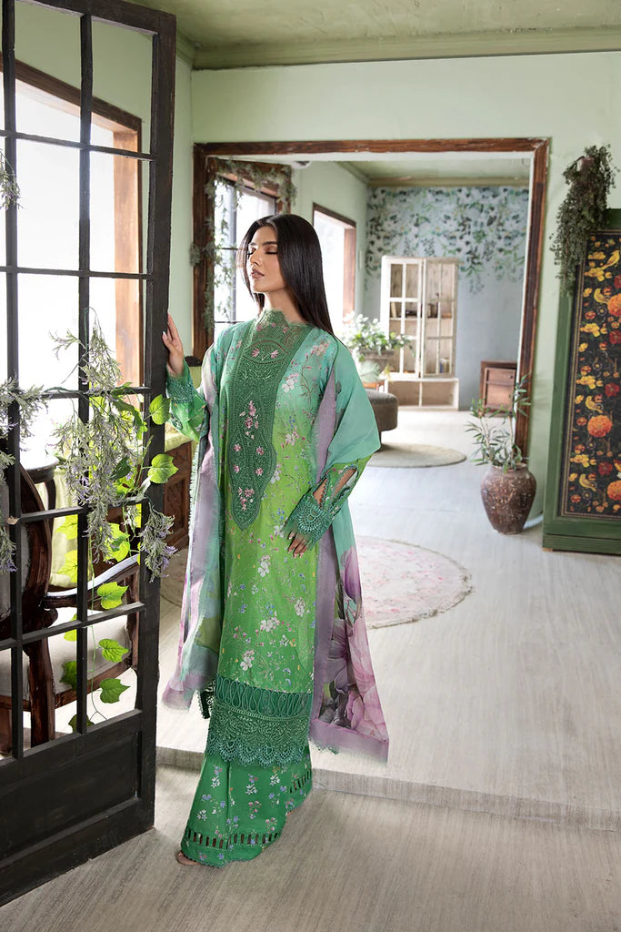 Model wearing bright green floral Design 8B from Sobia Nazir Vital '25 Vol. 2, Pakistani luxury pret and Pakistani clothes online in UK.