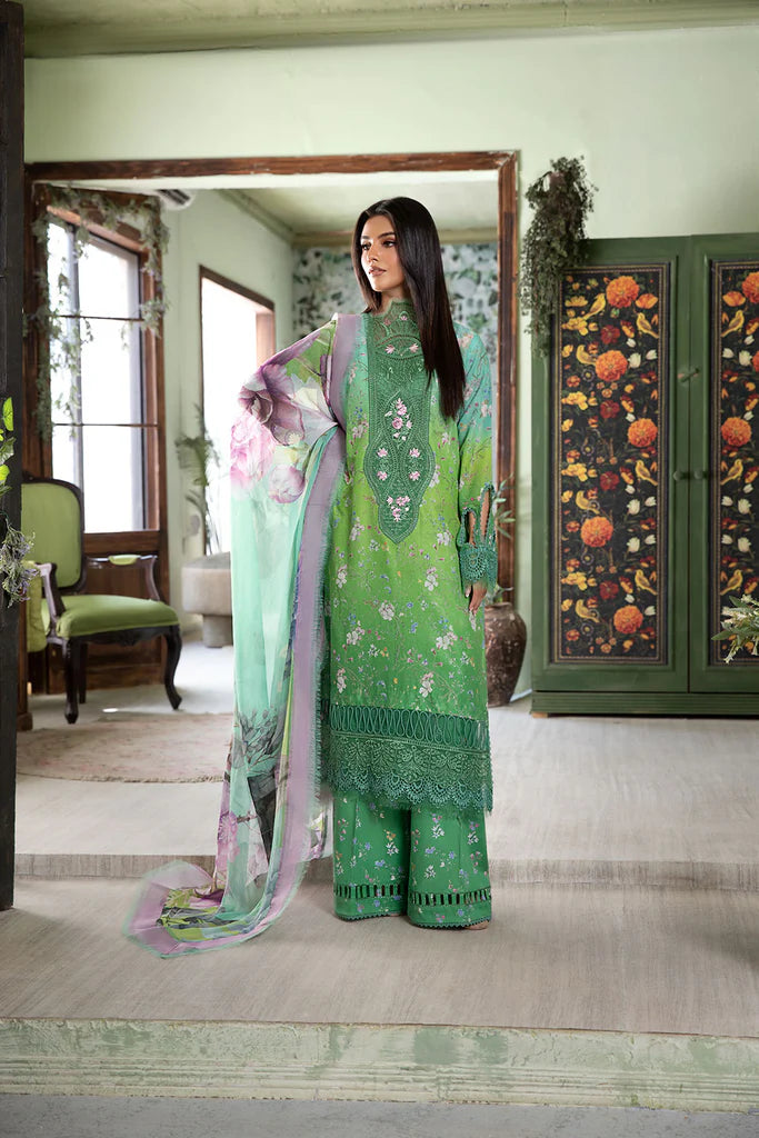 Model wearing bright green floral Design 8B from Sobia Nazir Vital '25 Vol. 2, Pakistani luxury pret and Pakistani clothes online in UK.