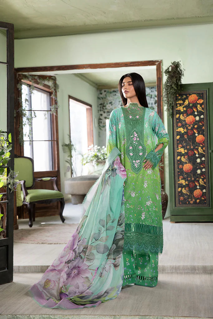 Model wearing bright green floral Design 8B from Sobia Nazir Vital '25 Vol. 2, Pakistani luxury pret and Pakistani clothes online in UK.