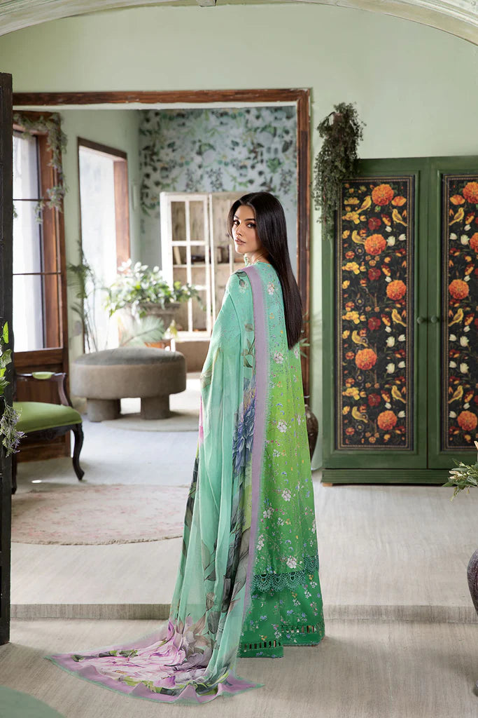 Model wearing bright green floral Design 8B from Sobia Nazir Vital '25 Vol. 2, Pakistani luxury pret and Pakistani clothes online in UK.