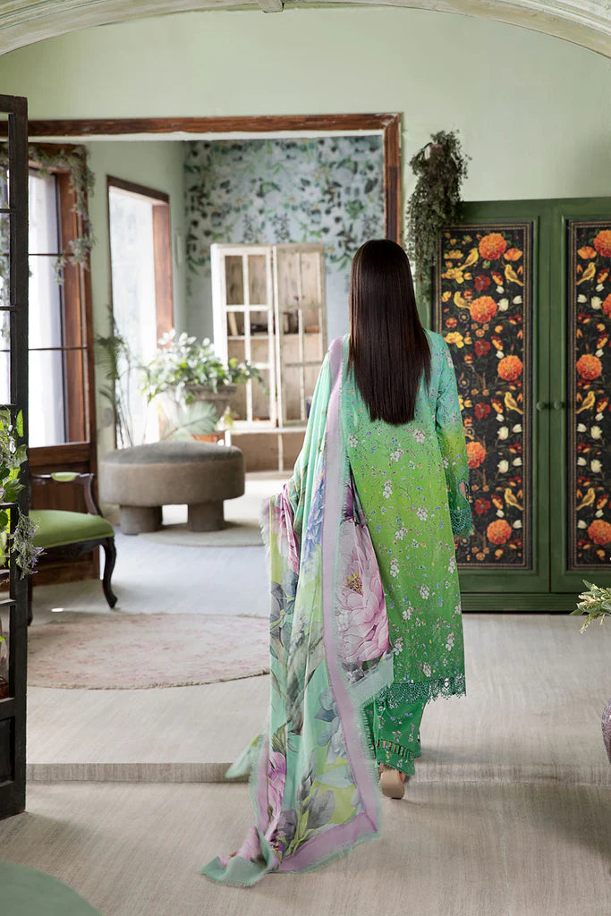 Model wearing bright green floral Design 8B from Sobia Nazir Vital '25 Vol. 2, Pakistani luxury pret and Pakistani clothes online in UK.