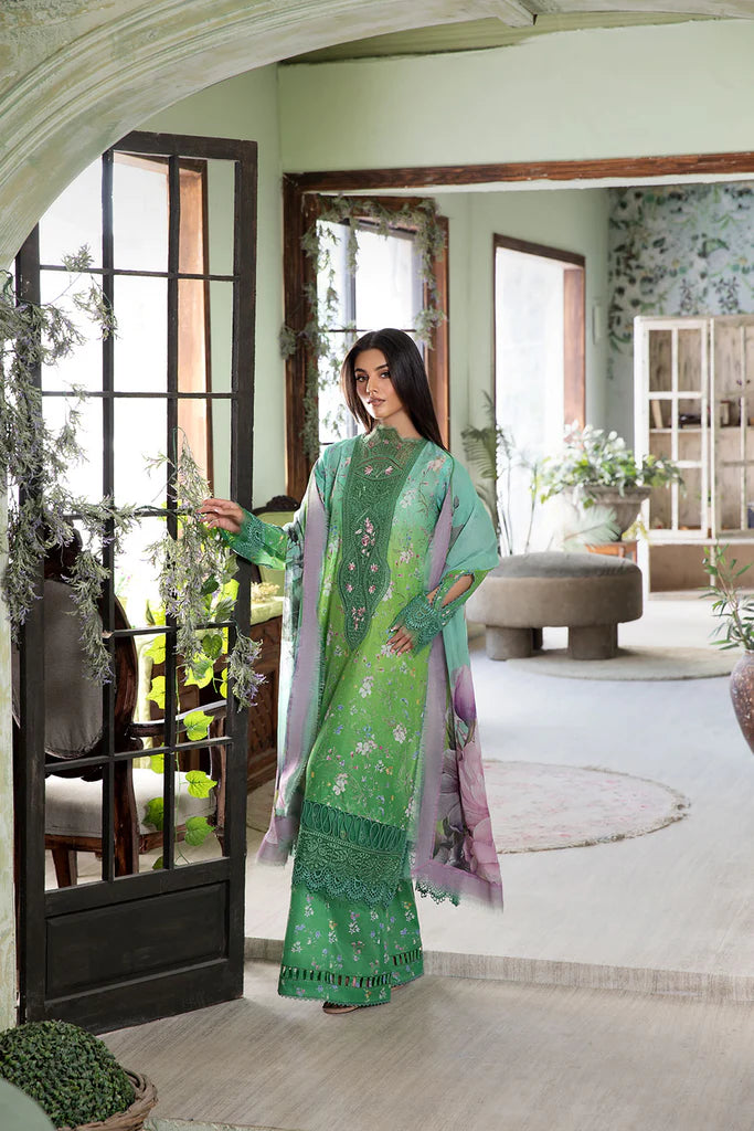 Model wearing bright green floral Design 8B from Sobia Nazir Vital '25 Vol. 2, Pakistani luxury pret and Pakistani clothes online in UK.