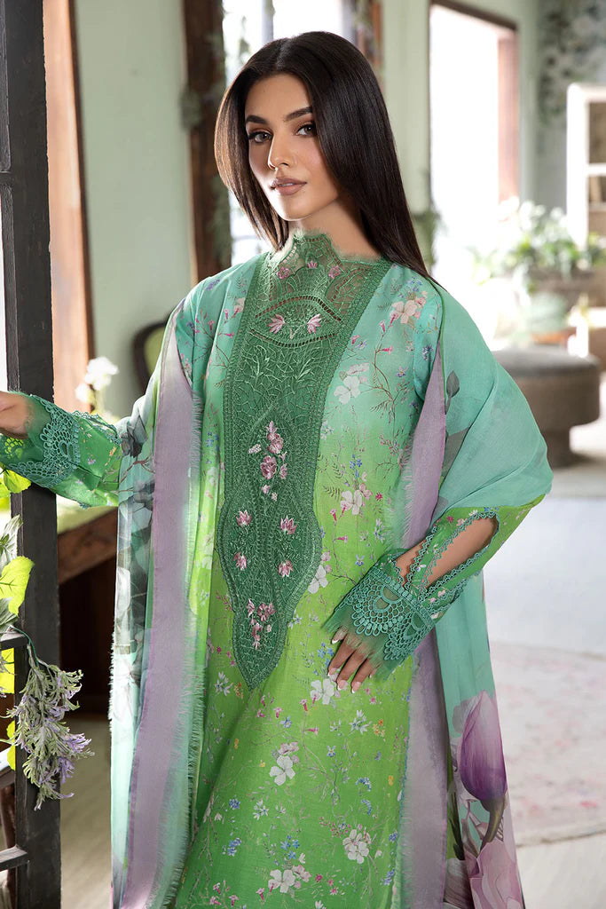 Model wearing bright green floral Design 8B from Sobia Nazir Vital '25 Vol. 2, Pakistani luxury pret and Pakistani clothes online in UK.