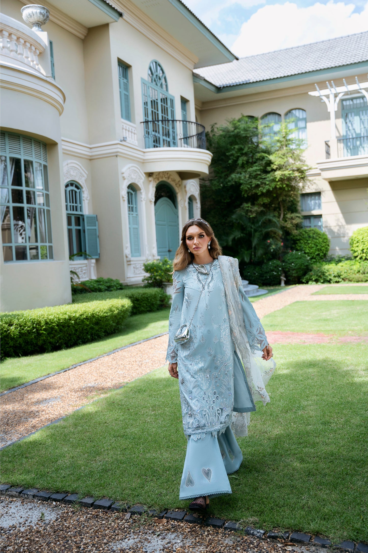 Model wearing sky blue Voila outfit from Mysie by Tahira, ideal for Pakistani luxury pret and Pakistani clothes online in UK.