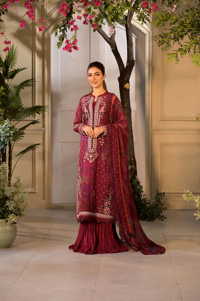 Model wearing Sobia Nazir Vital 2025 Design 9B in deep maroon with embroidered details and printed dupatta. Shop Pakistani luxury pret and Pakistani clothes online in UK.