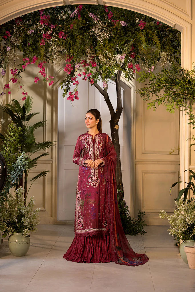 Model wearing Sobia Nazir Vital 2025 Design 9B in deep maroon with embroidered details and printed dupatta. Shop Pakistani luxury pret and Pakistani clothes online in UK.