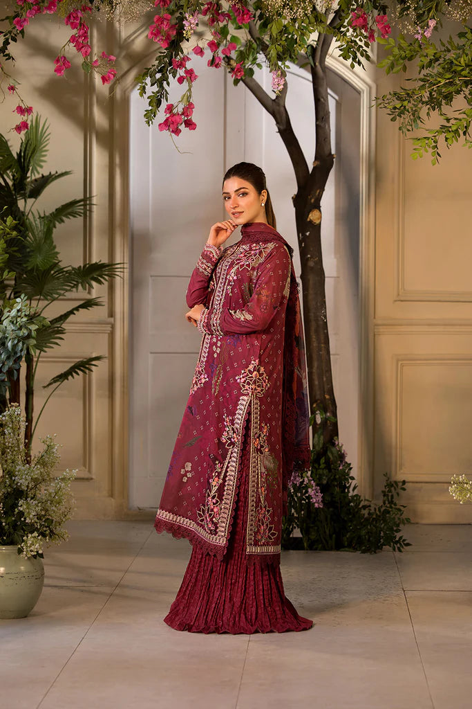 Model wearing Sobia Nazir Vital 2025 Design 9B in deep maroon with embroidered details and printed dupatta. Shop Pakistani luxury pret and Pakistani clothes online in UK.