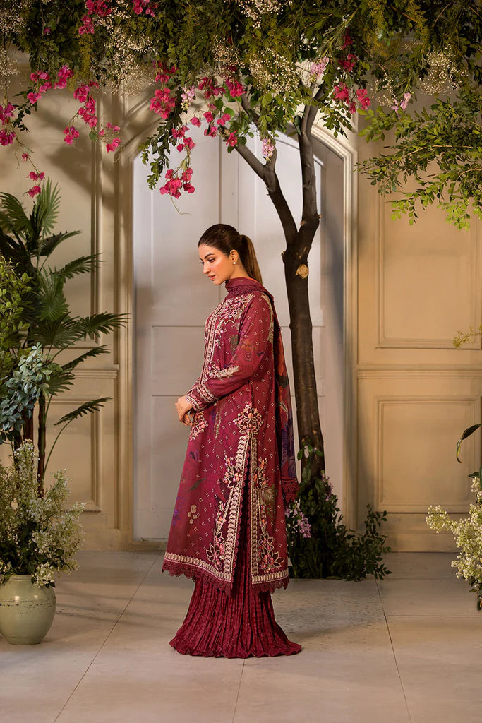Model wearing Sobia Nazir Vital 2025 Design 9B in deep maroon with embroidered details and printed dupatta. Shop Pakistani luxury pret and Pakistani clothes online in UK.