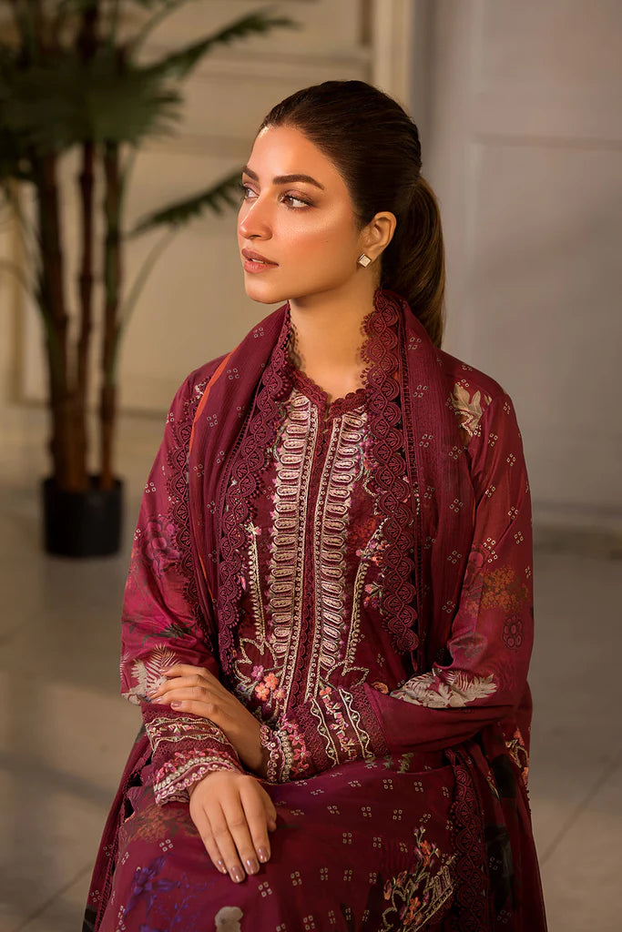 Model wearing Sobia Nazir Vital 2025 Design 9B in deep maroon with embroidered details and printed dupatta. Shop Pakistani luxury pret and Pakistani clothes online in UK.