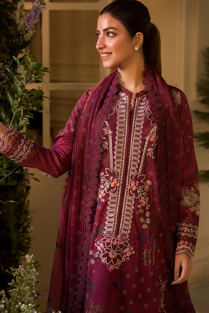 Model wearing Sobia Nazir Vital 2025 Design 9B in deep maroon with embroidered details and printed dupatta. Shop Pakistani luxury pret and Pakistani clothes online in UK.