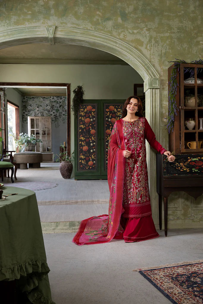 Model wearing deep red embroidered Design 9B outfit from Sobia Nazir Vital '25 Vol. 2, Pakistani luxury pret clothes online in UK.