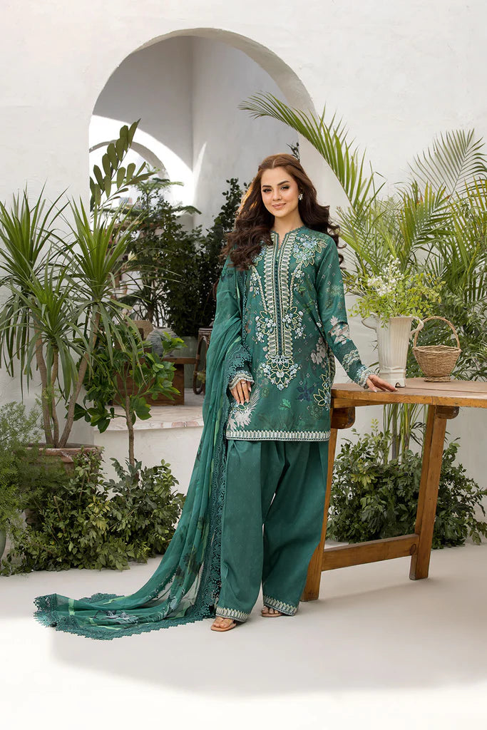 Model wearing Sobia Nazir Vital 2025 Design 9B in emerald green with elegant embroidery and matching dupatta. Shop Pakistani luxury pret and Pakistani clothes online in UK.