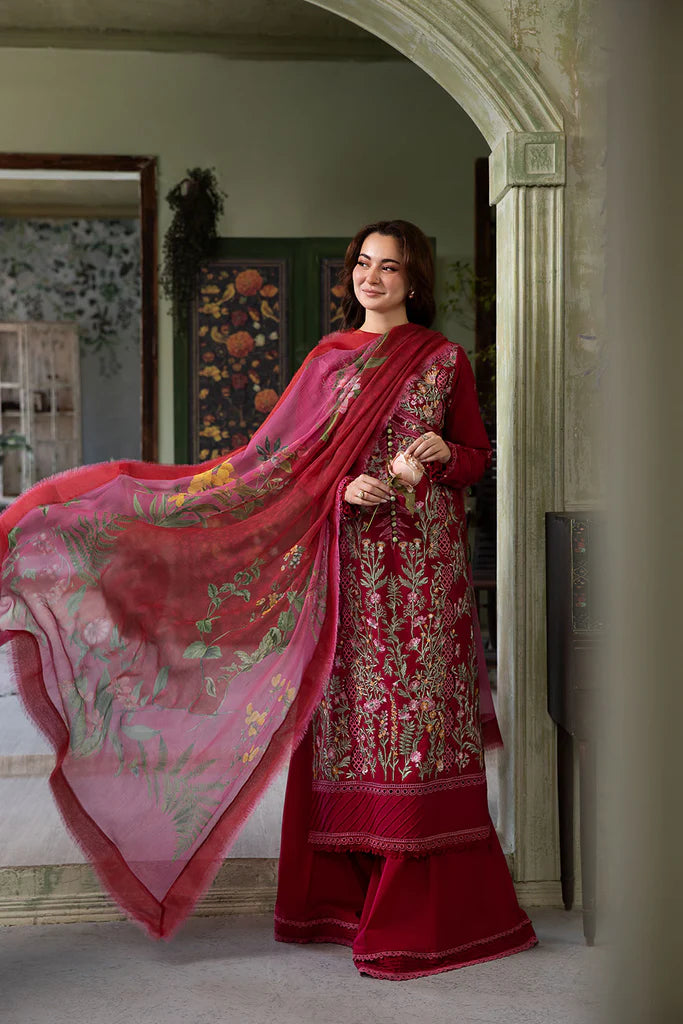 Model wearing deep red embroidered Design 9B outfit from Sobia Nazir Vital '25 Vol. 2, Pakistani luxury pret clothes online in UK.