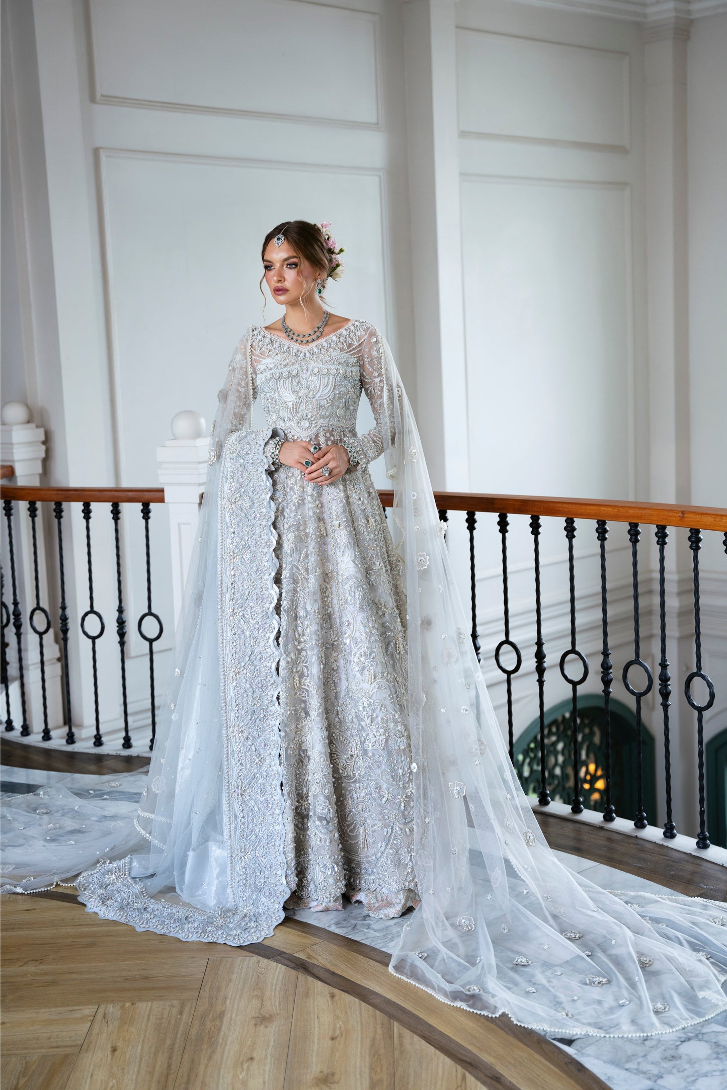 Model wearing silver embellished gown DAHLIA from Mysie by Tahira, Pakistani luxury pret perfect for weddings, now online in UK.