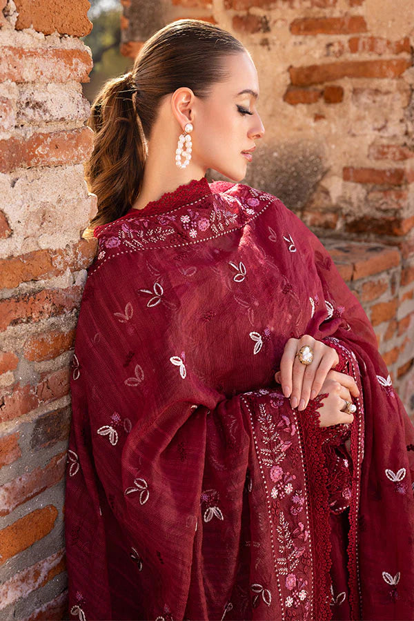 Model wearing deep maroon embroidered dress from Saffron Winter Edit Odette, Pakistani luxury pret available online in UK.