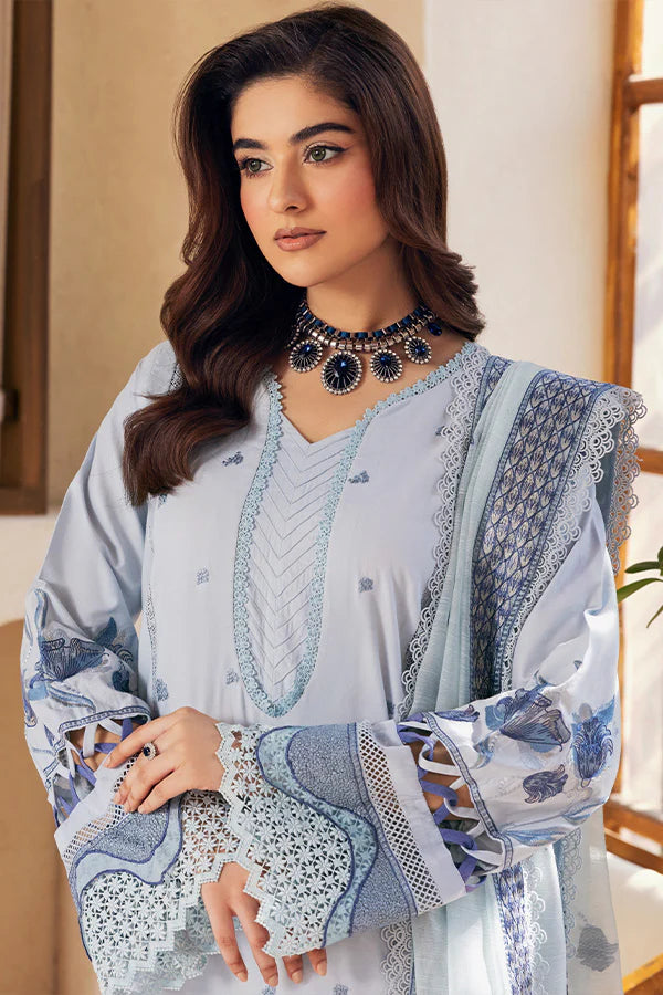 Model wearing powder blue printed and embroidered dress from Saffron Summer Soiree '25 Isla, Pakistani luxury pret available online in UK.