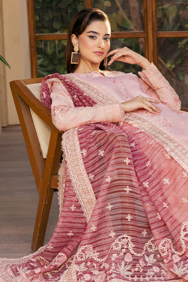 Model wearing pastel pink embroidered dress from Saffron Summer Soiree '25 Rosalie, Pakistani luxury pret available online in UK.