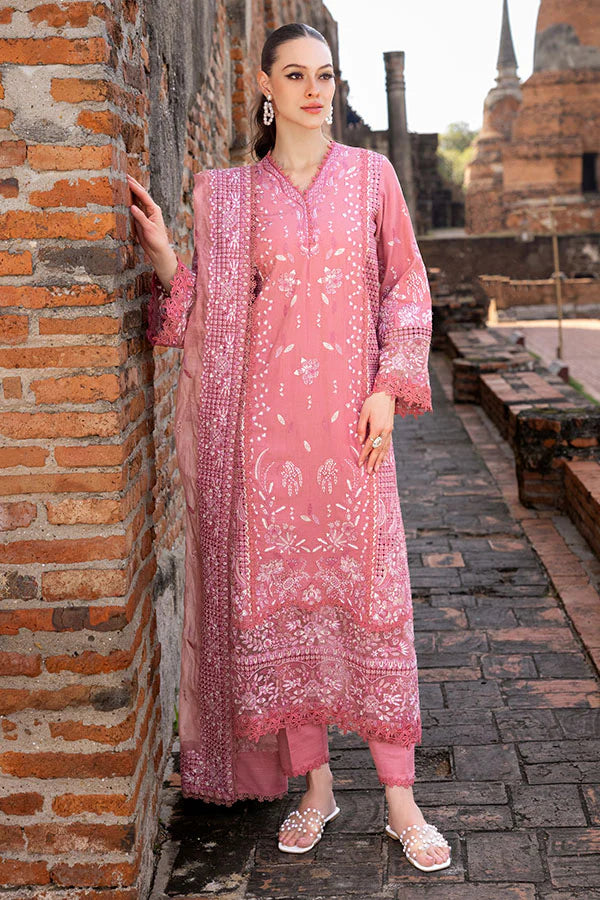 Model wearing rose pink embroidered dress from Saffron Winter Edit Froza, Pakistani luxury pret available online in UK.
