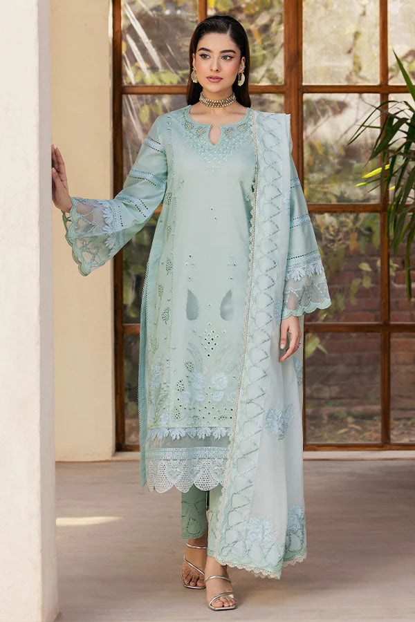 Model wearing pastel mint embroidered dress from Saffron Summer Soiree '25 Zoe, Pakistani luxury pret available online in UK.