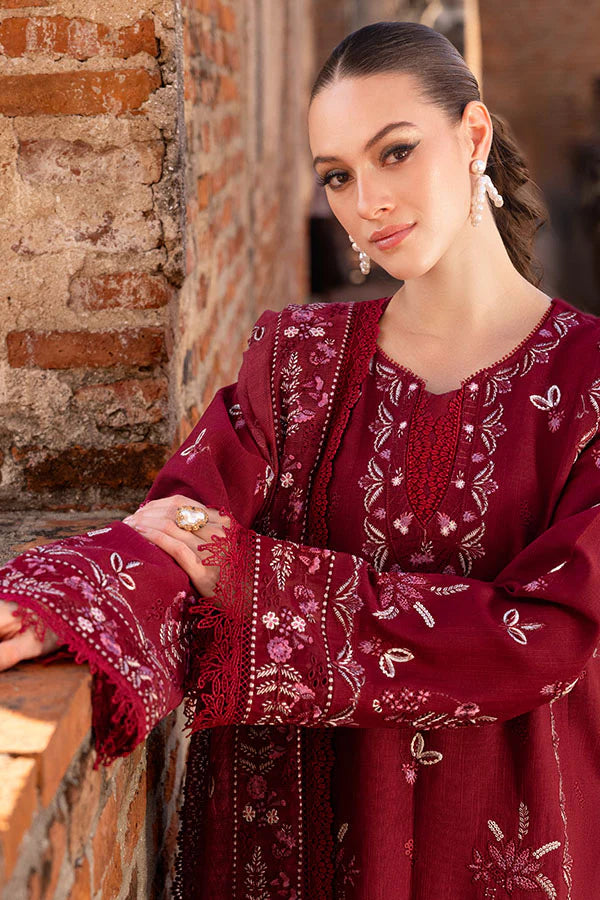 Model wearing deep maroon embroidered dress from Saffron Winter Edit Odette, Pakistani luxury pret available online in UK.