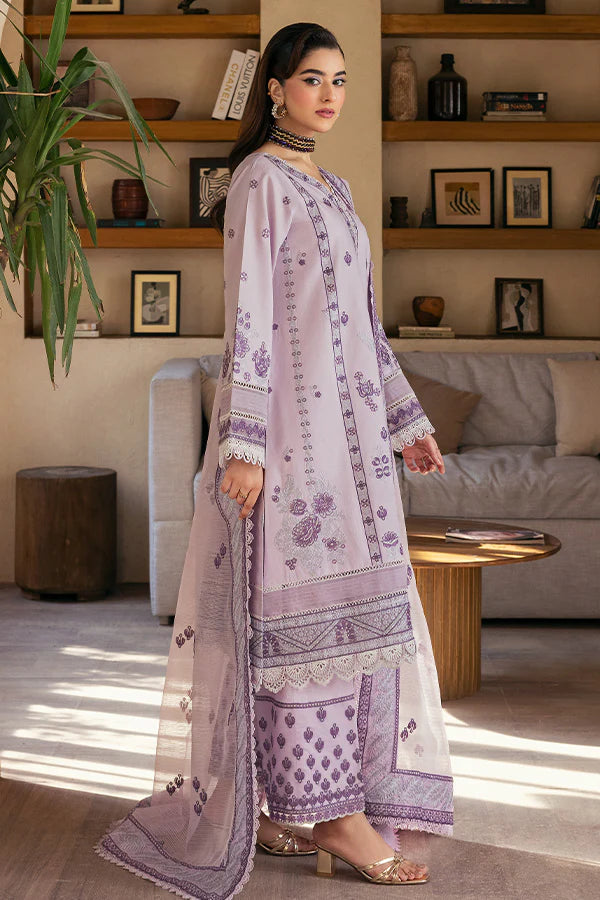 Model wearing lilac printed and embroidered dress from Saffron Summer Soiree '25 Celeste, Pakistani luxury pret available online in UK.