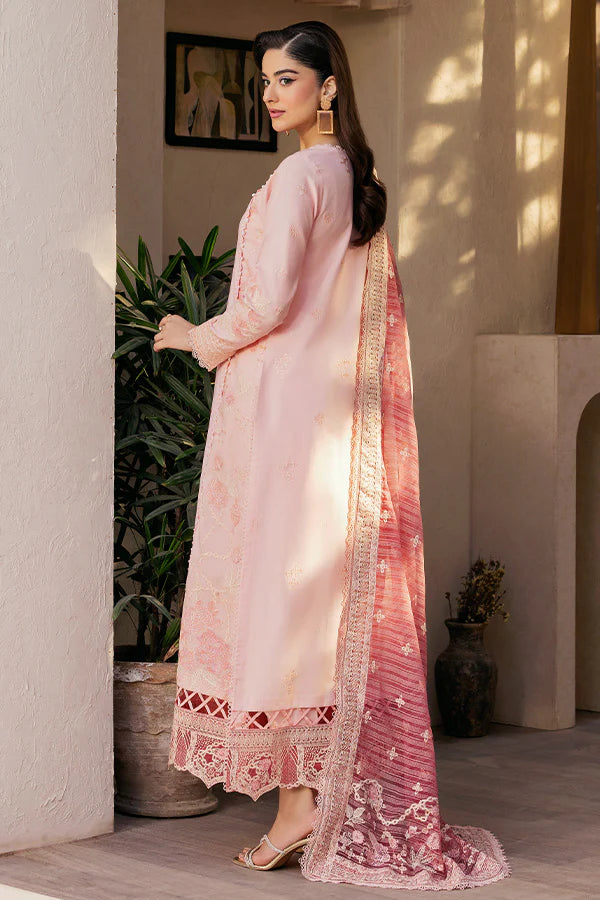 Model wearing pastel pink embroidered dress from Saffron Summer Soiree '25 Rosalie, Pakistani luxury pret available online in UK.