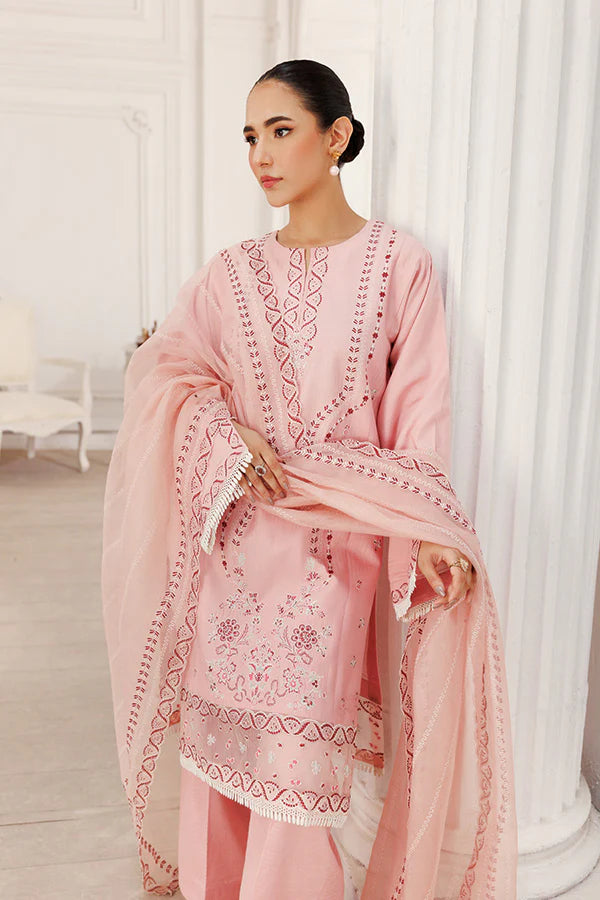 Model wearing Peach Blossom by Saffron in soft peach with delicate embroidery – stylish Pakistani luxury pret outfit available online in UK.