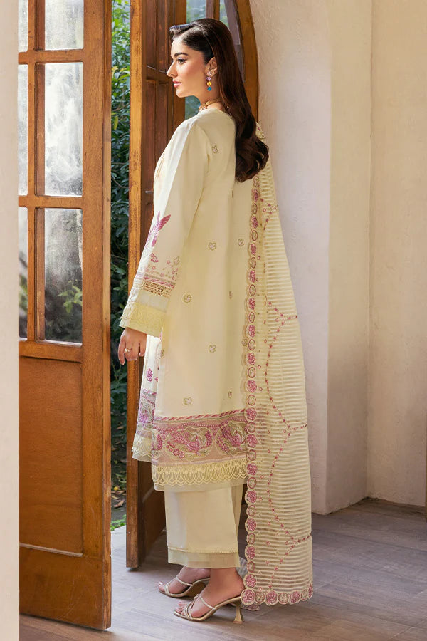 Model wearing cream and pink embroidered dress from Saffron Summer Soiree '25 Dove, Pakistani luxury pret available online in UK.