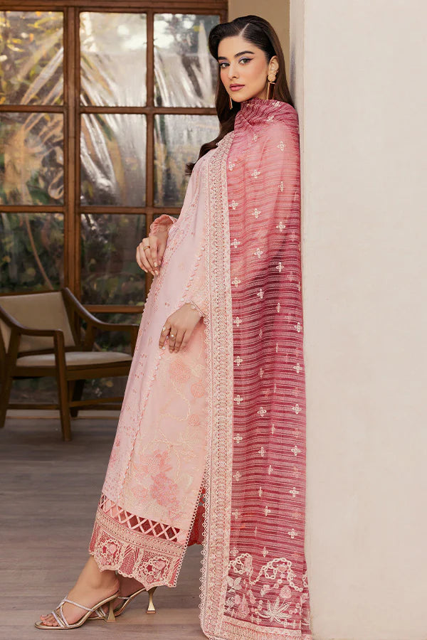 Model wearing pastel pink embroidered dress from Saffron Summer Soiree '25 Rosalie, Pakistani luxury pret available online in UK.