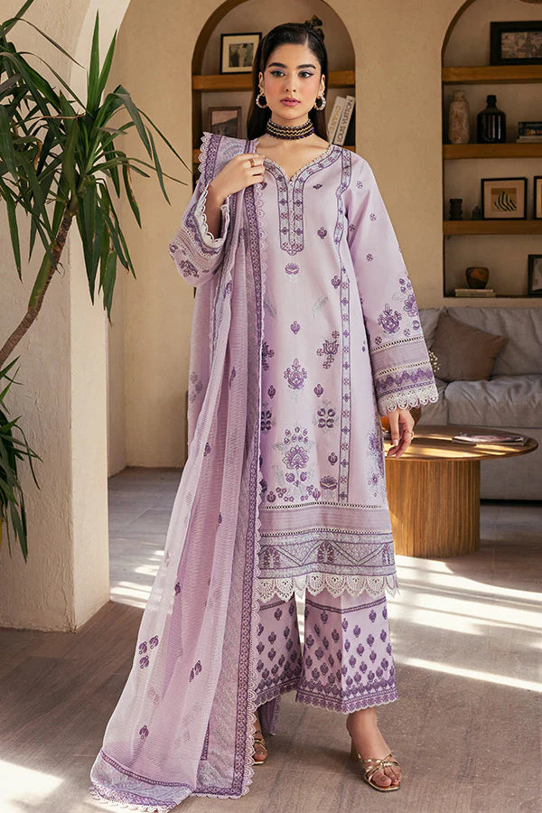 Model wearing lilac printed and embroidered dress from Saffron Summer Soiree '25 Celeste, Pakistani luxury pret available online in UK.
